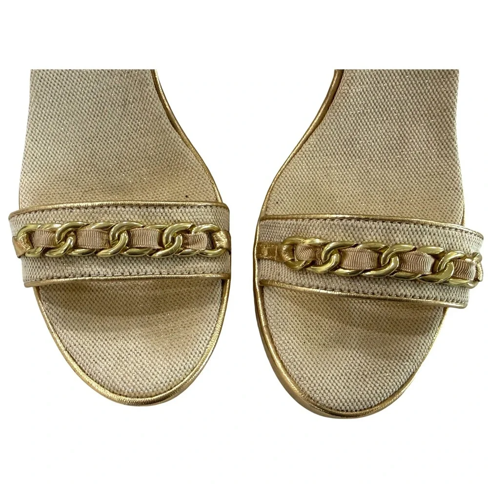 Coach Floral Cork Wedge Sandals‎ Gold Leather Chain Accent Ankle Strap Size 8B
